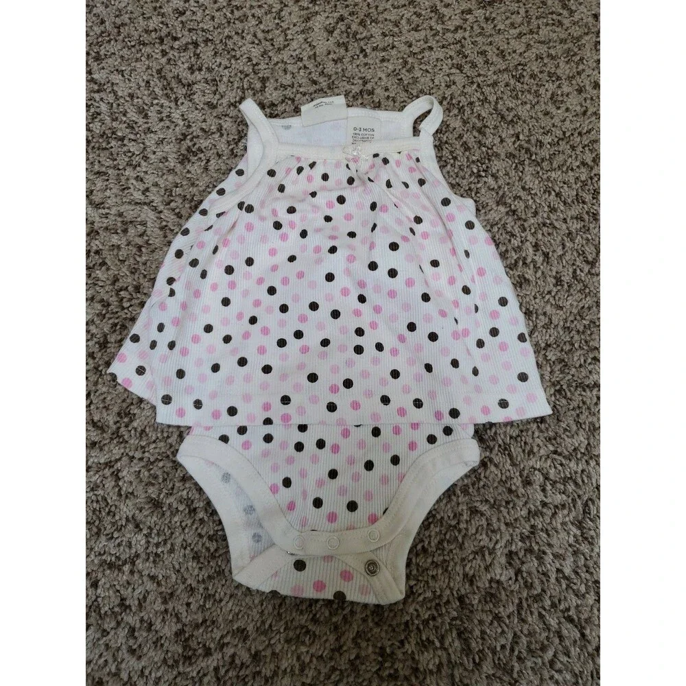Girl's 0-3 month summer dress romper pink polka dots ribbed
